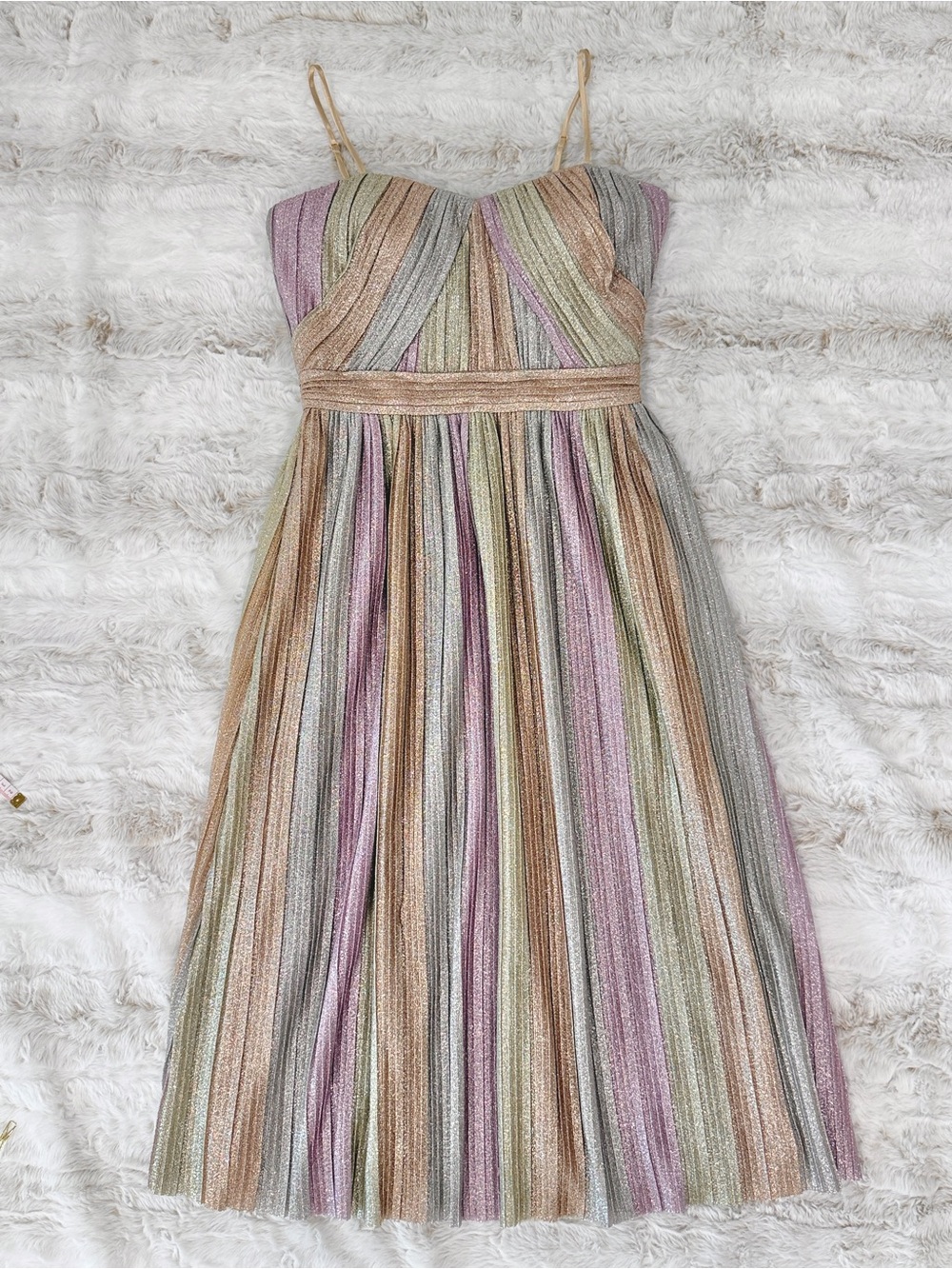 Vince Camuto Metallic Pastel Striped Pleated Midi Dress
